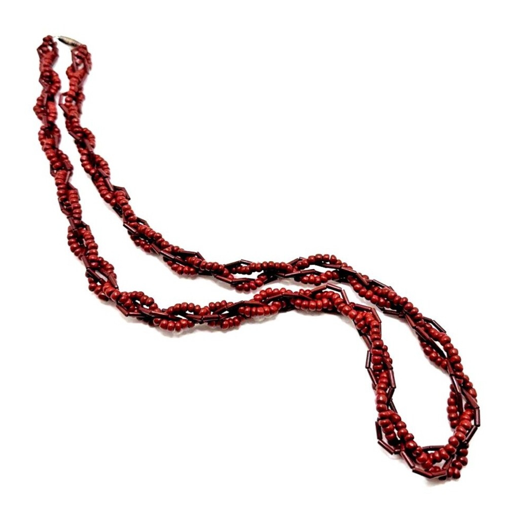 Vintage Rust Red Seed Bead Braided Necklace Long Multi Strand Statement 28" Boho
